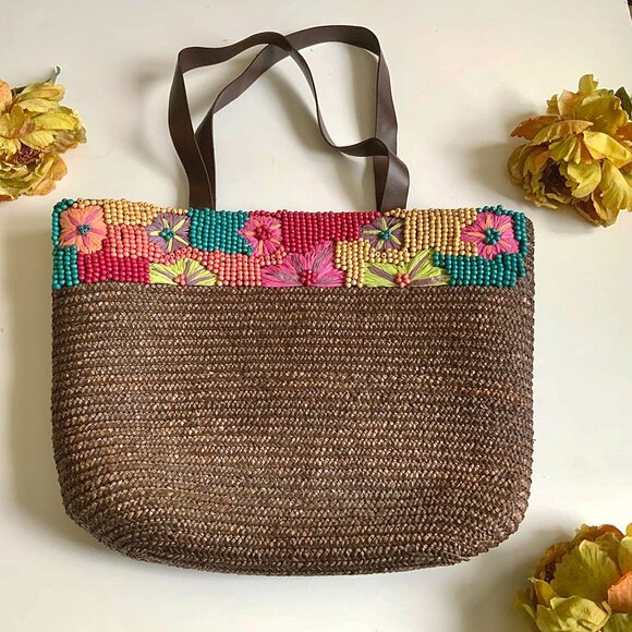 La Vie en Rose Large Pre-owned Brown Beaded Woven Straw Beach Top Handle Bag - Picture 1 of 6